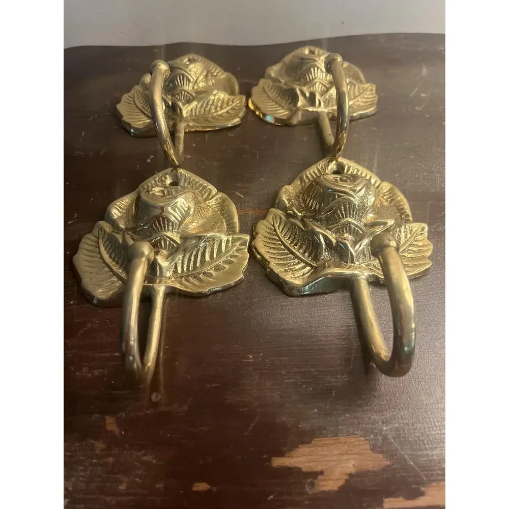 Vintage Brass Rose Wall Hooks, Lacquered Floral Hardware Set of 4